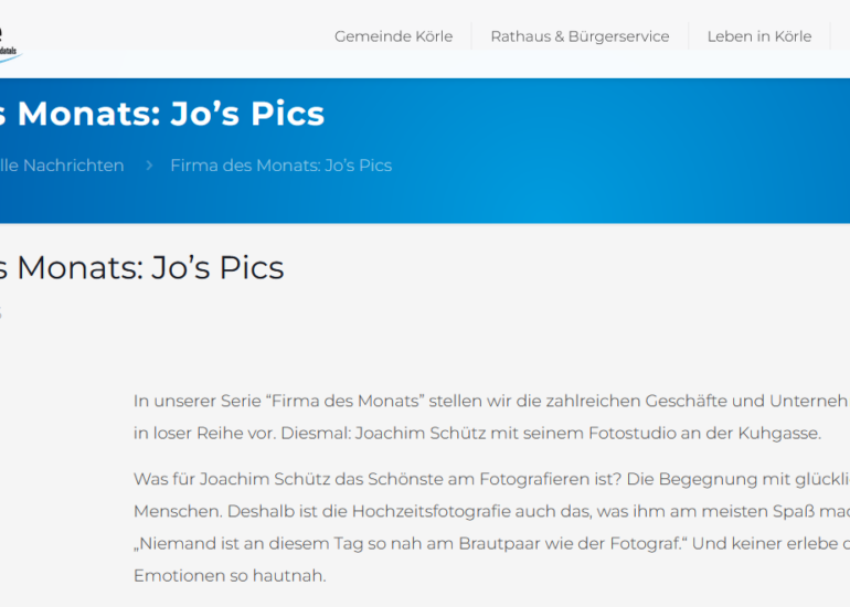 Screenshot Auszeichnung Firma des Monats Gemeinde Körle für Jo's Pics