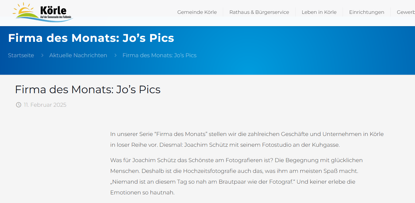 Screenshot Auszeichnung Firma des Monats Gemeinde Körle für Jo's Pics